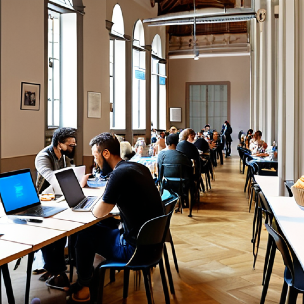 **A vibrant, welcoming open-source conference in Milan. People are collaborating on laptops, with espressos and pastries on nearby tables. Modern, airy venue with lots of natural light.**