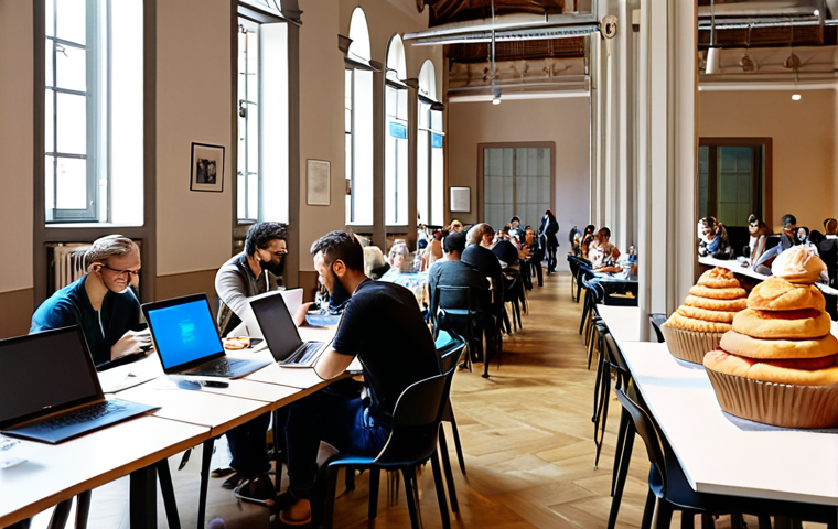 **A vibrant, welcoming open-source conference in Milan. People are collaborating on laptops, with espressos and pastries on nearby tables. Modern, airy venue with lots of natural light.**