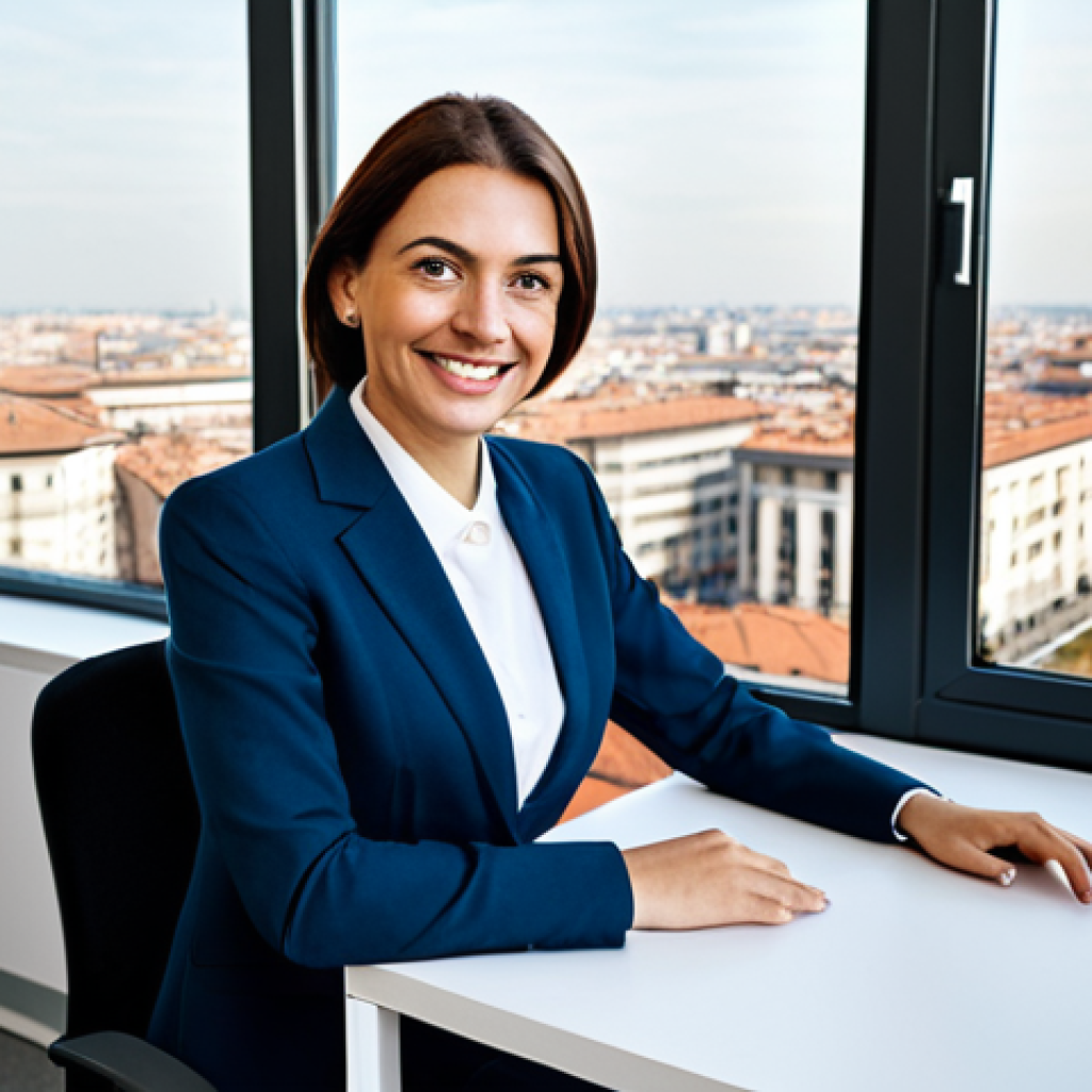 **

"A professional businesswoman in a modest business suit, sitting at a desk in a modern office. She is smiling slightly and looking directly at the viewer. The office is bright and airy, with large windows overlooking a cityscape of Milan. Fully clothed, appropriate attire, safe for work, perfect anatomy, natural proportions, professional photography, high quality."

**