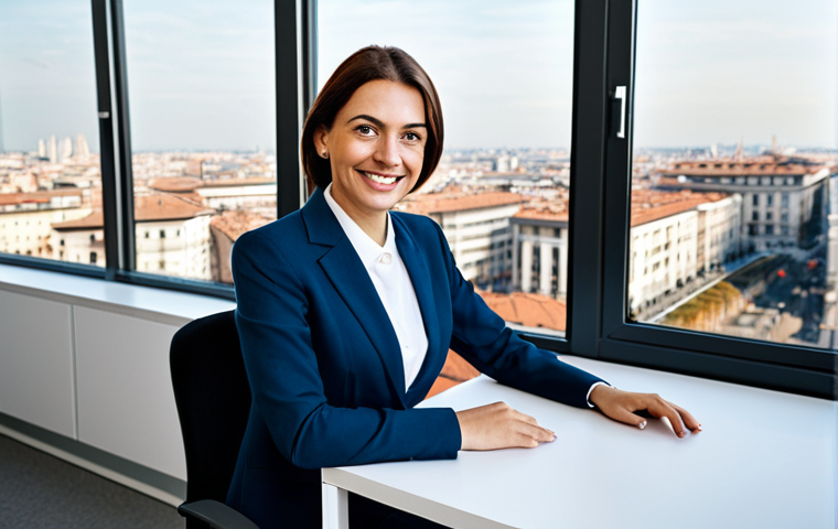 **

"A professional businesswoman in a modest business suit, sitting at a desk in a modern office. She is smiling slightly and looking directly at the viewer. The office is bright and airy, with large windows overlooking a cityscape of Milan. Fully clothed, appropriate attire, safe for work, perfect anatomy, natural proportions, professional photography, high quality."

**