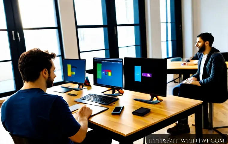 오픈소스 프로젝트에서의 팀워크와 협업 - Photorealistic collaborative open-source software team in a bright modern coworking studio in Milan,...